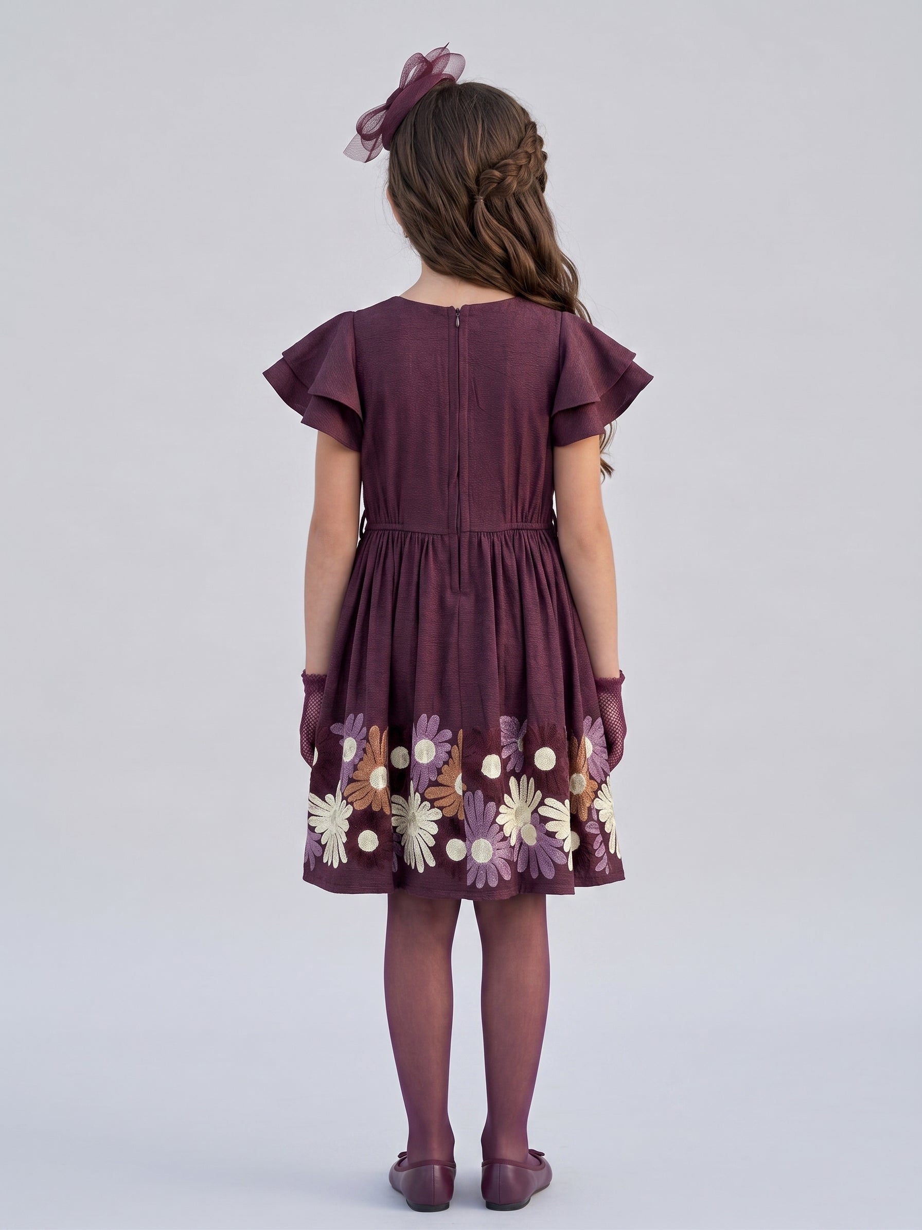 Wine Floral Embroidered Flutter Sleeve Party Dress M2676