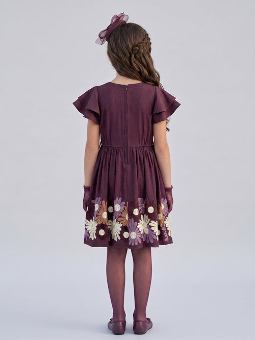 Wine Floral Embroidered Flutter Sleeve Party Dress M2676