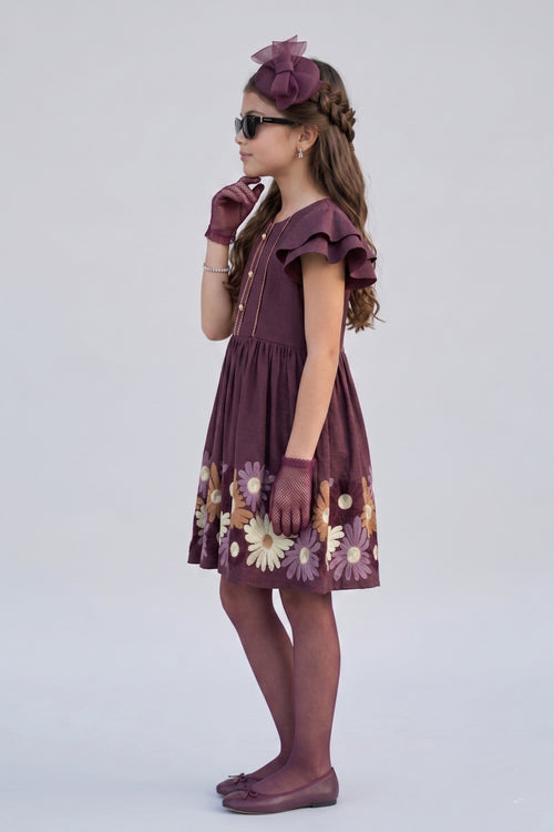 Wine Floral Embroidered Flutter Sleeve Party Dress M2676