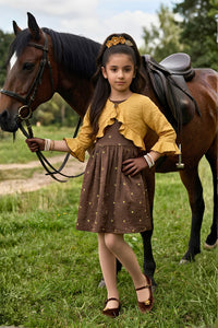 Mustard Ruffle Bolero with Brown Embroidered Midi Dress M2677