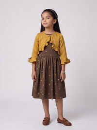Mustard Ruffle Bolero with Brown Embroidered Midi Dress M2677