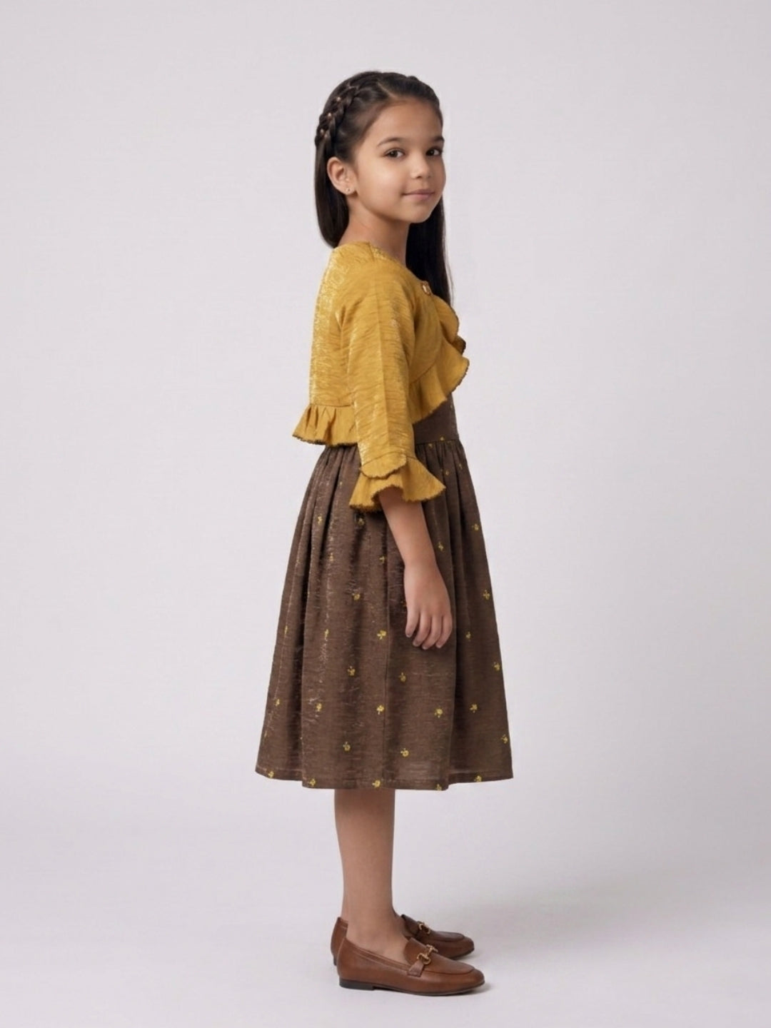 Mustard Ruffle Bolero with Brown Embroidered Midi Dress M2677