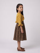 Mustard Ruffle Bolero with Brown Embroidered Midi Dress M2677