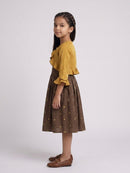 Mustard Ruffle Bolero with Brown Embroidered Midi Dress M2677