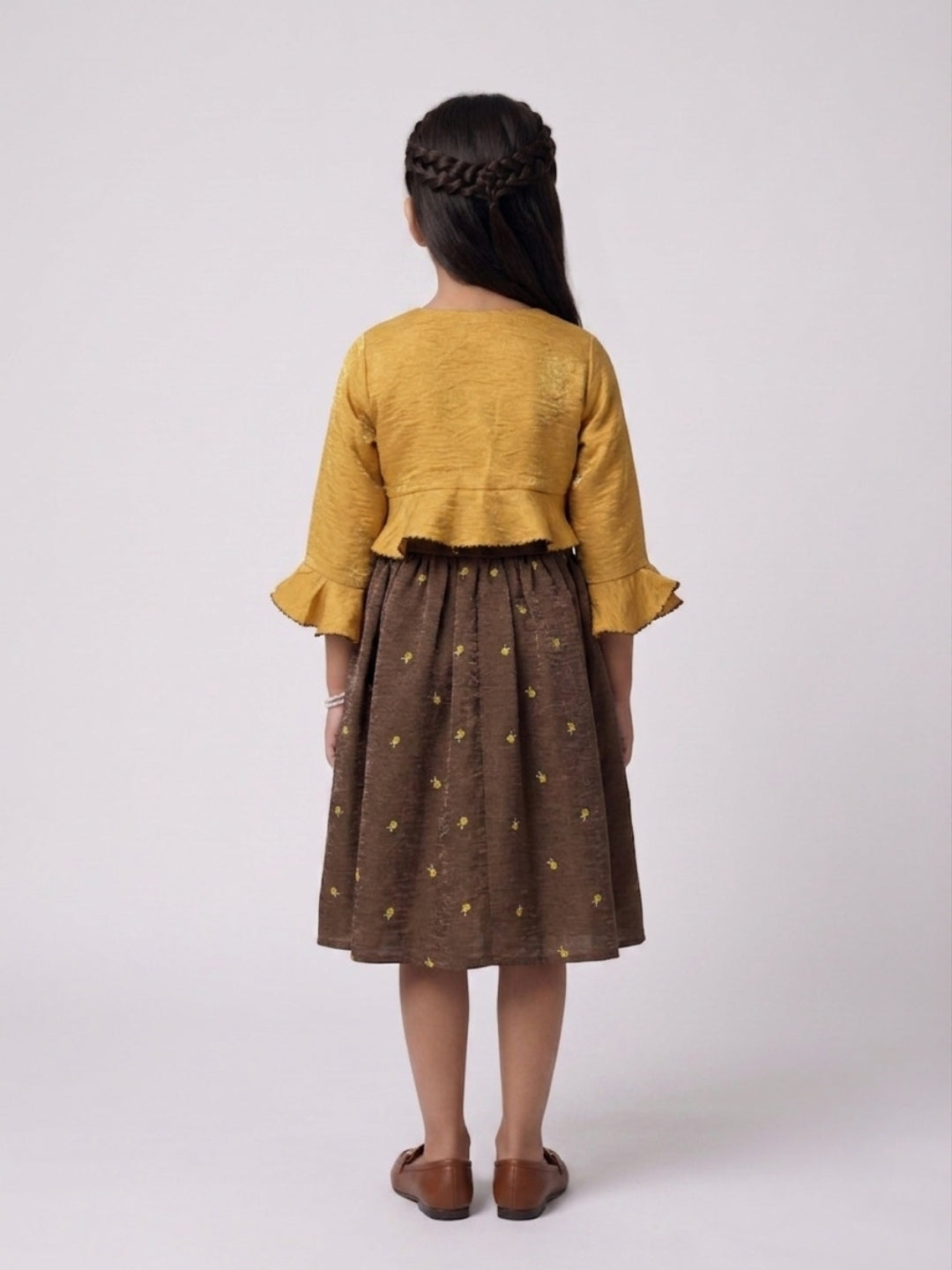 Mustard Ruffle Bolero with Brown Embroidered Midi Dress M2677