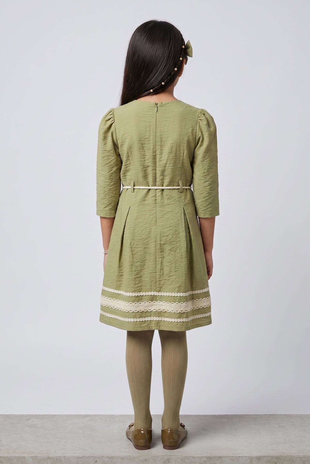 Pista Green Lace Detail Belted A-Line Dress M2679