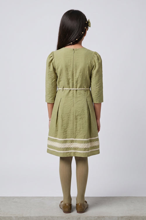 Pista Green Lace Detail Belted A-Line Dress M2679
