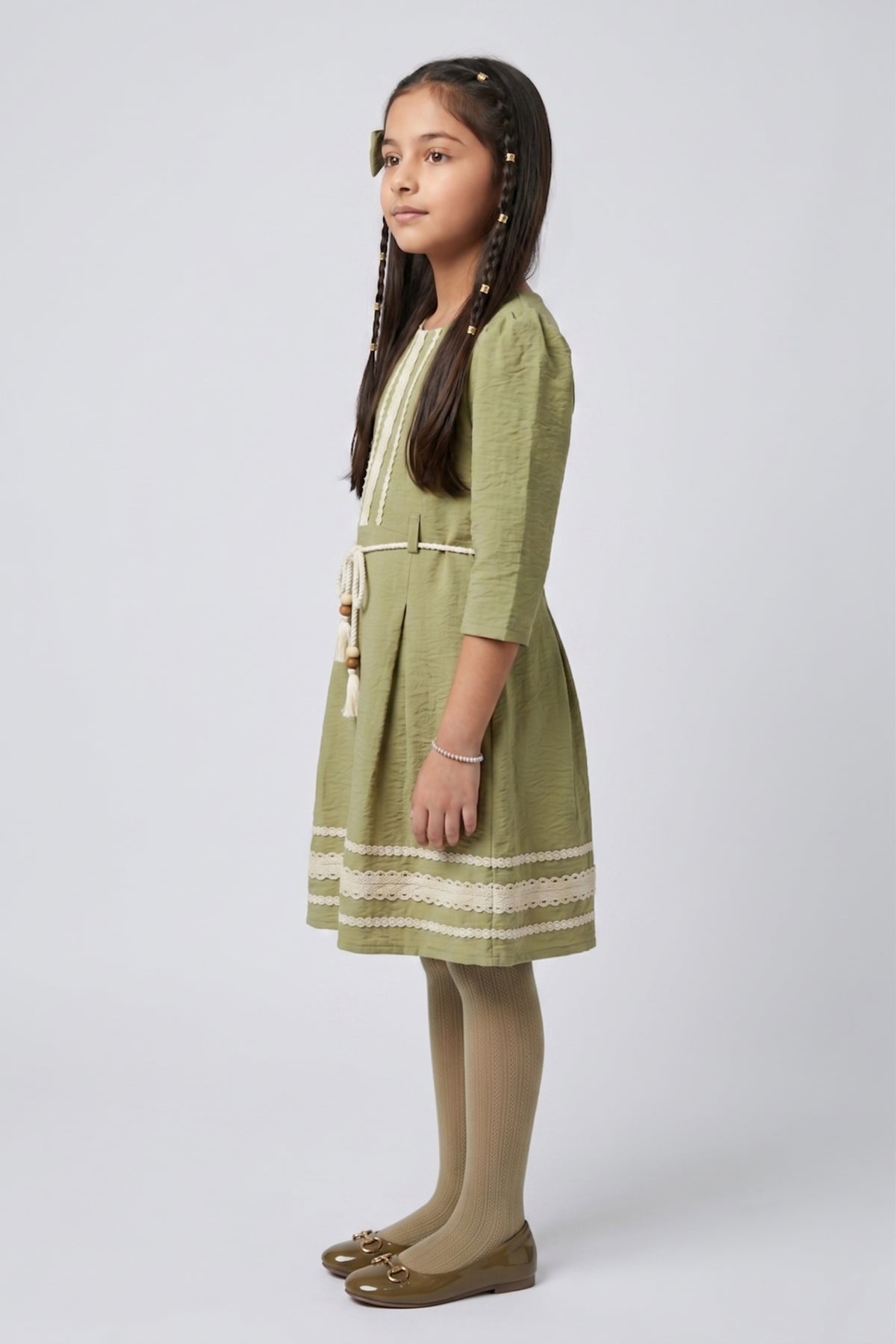 Pista Green Lace Detail Belted A-Line Dress M2679
