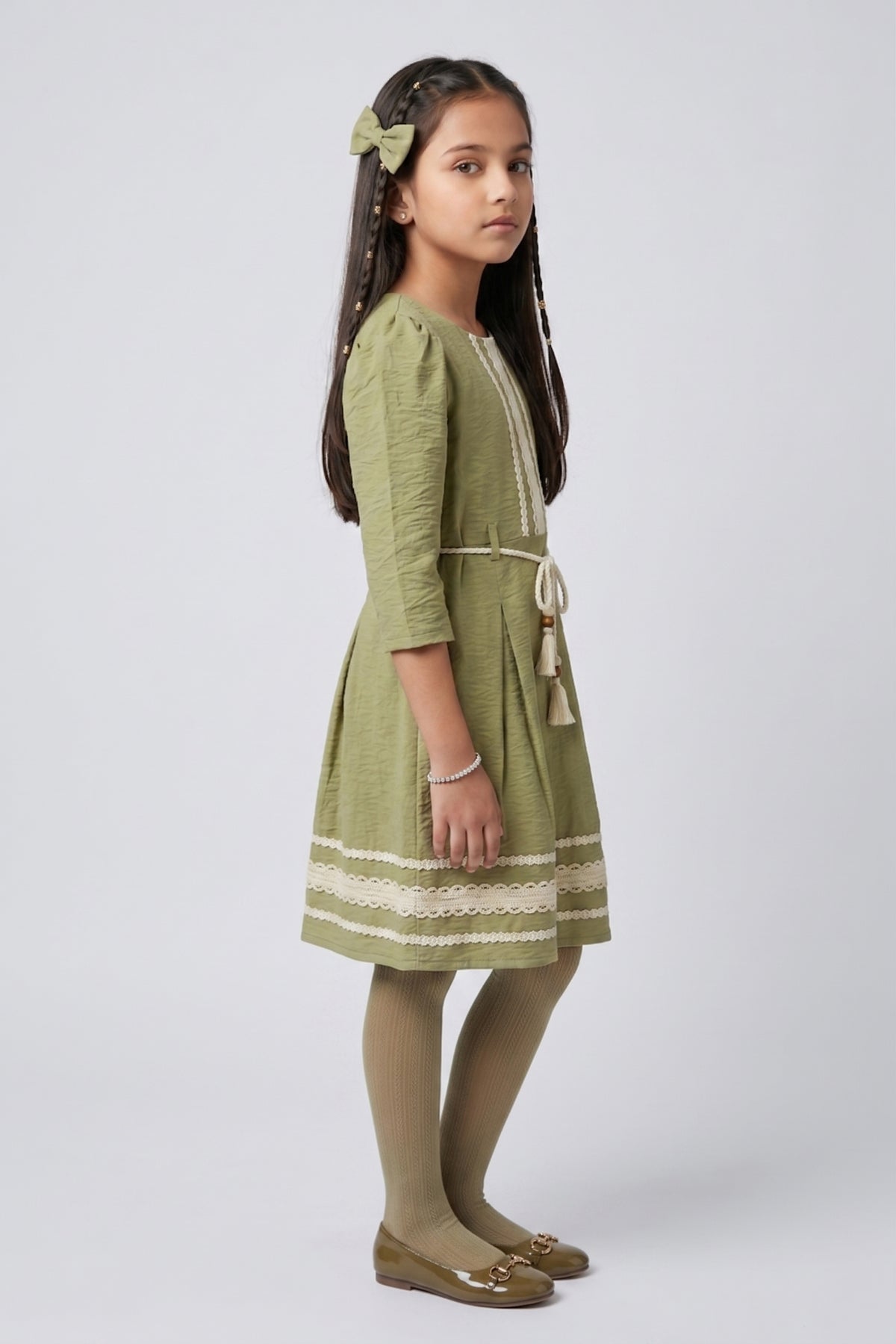 Pista Green Lace Detail Belted A-Line Dress M2679