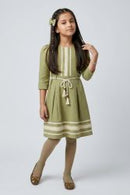 Pista Green Lace Detail Belted A-Line Dress M2679
