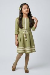 Pista Green Lace Detail Belted A-Line Dress M2679