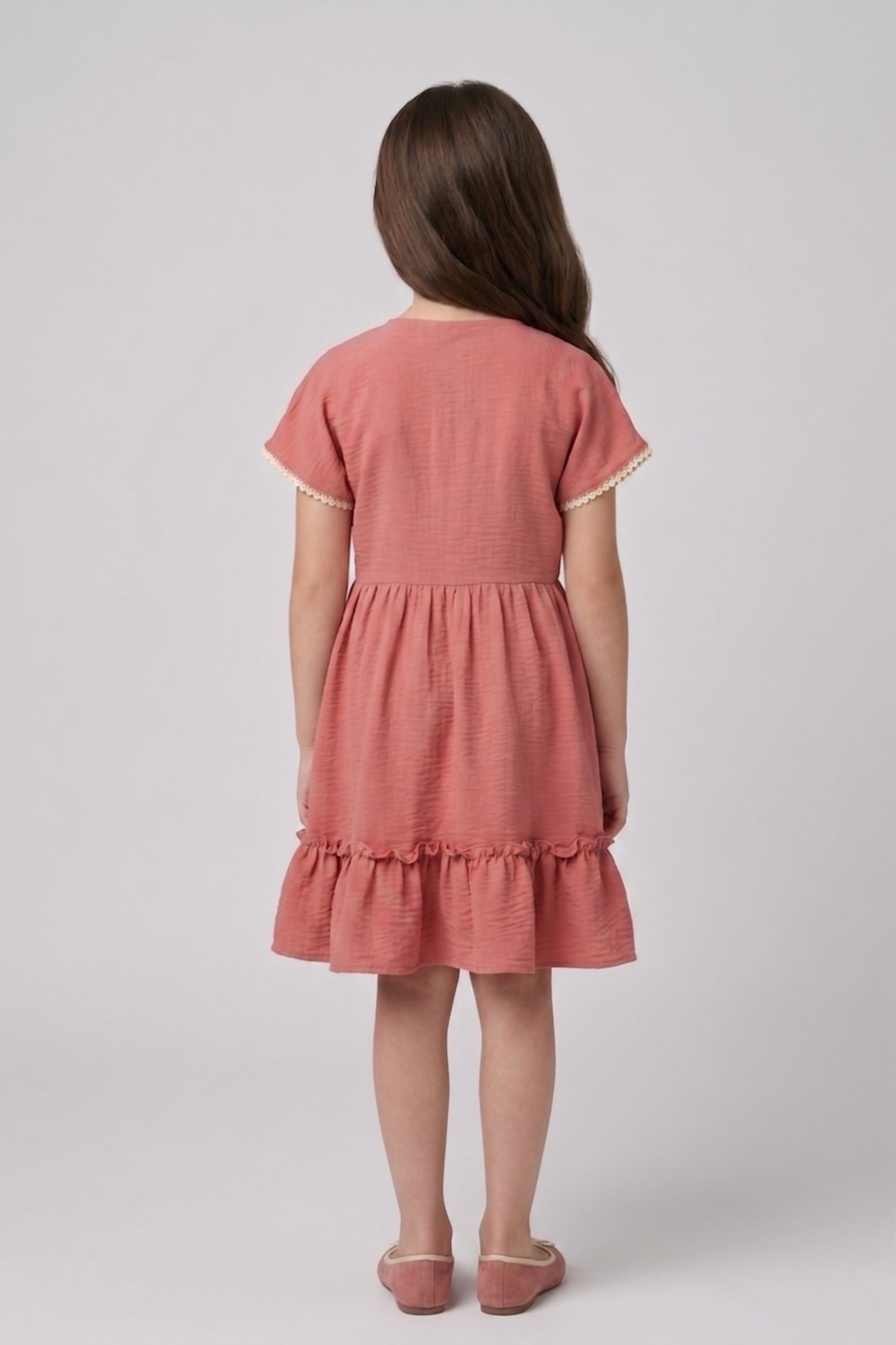 Onion Pink Floral Appliqué Belted Dress for Girls M2681