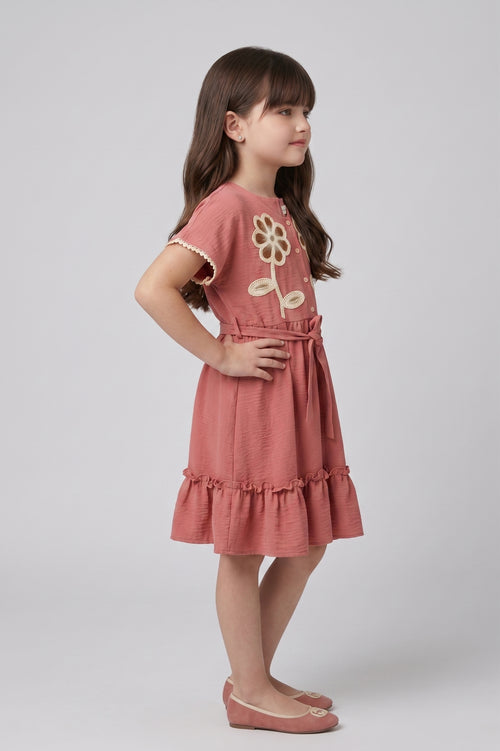 Onion Pink Floral Appliqué Belted Dress for Girls M2681