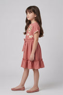 Onion Pink Floral Appliqué Belted Dress for Girls M2681