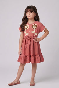 Onion Pink Floral Appliqué Belted Dress for Girls M2681