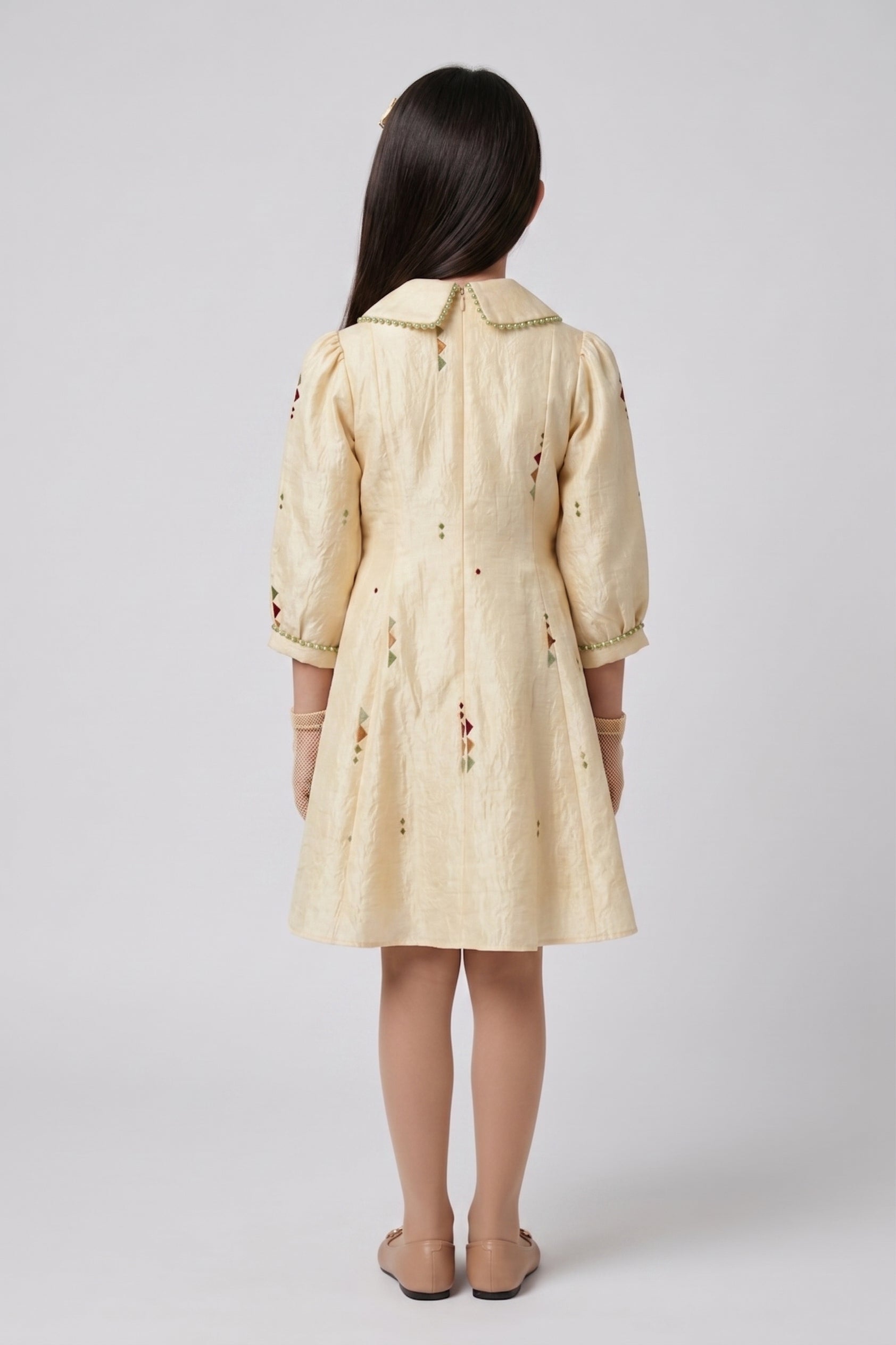 Cream Embroidered Peter Pan Collar Fit & Flare Dress M2683