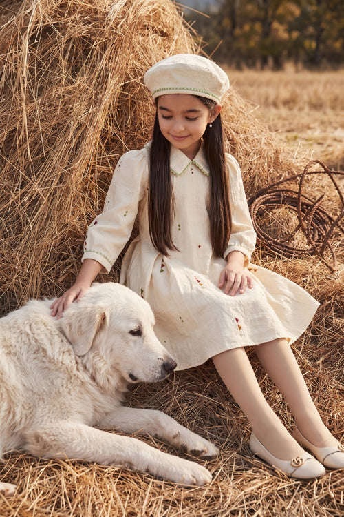 Cream Embroidered Peter Pan Collar Fit & Flare Dress M2683