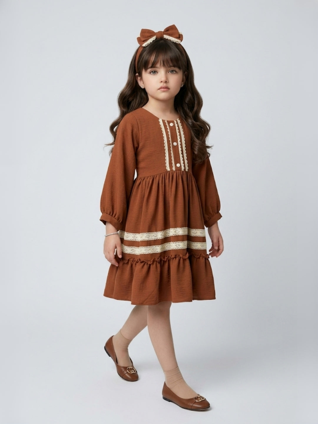 Dark Brown Lace-Trim Tiered Fit & Flare Dress M2684