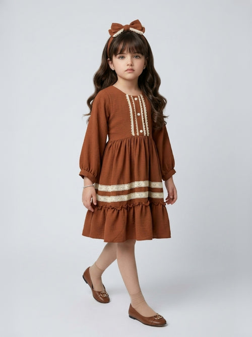 Dark Brown Lace-Trim Tiered Fit & Flare Dress M2684