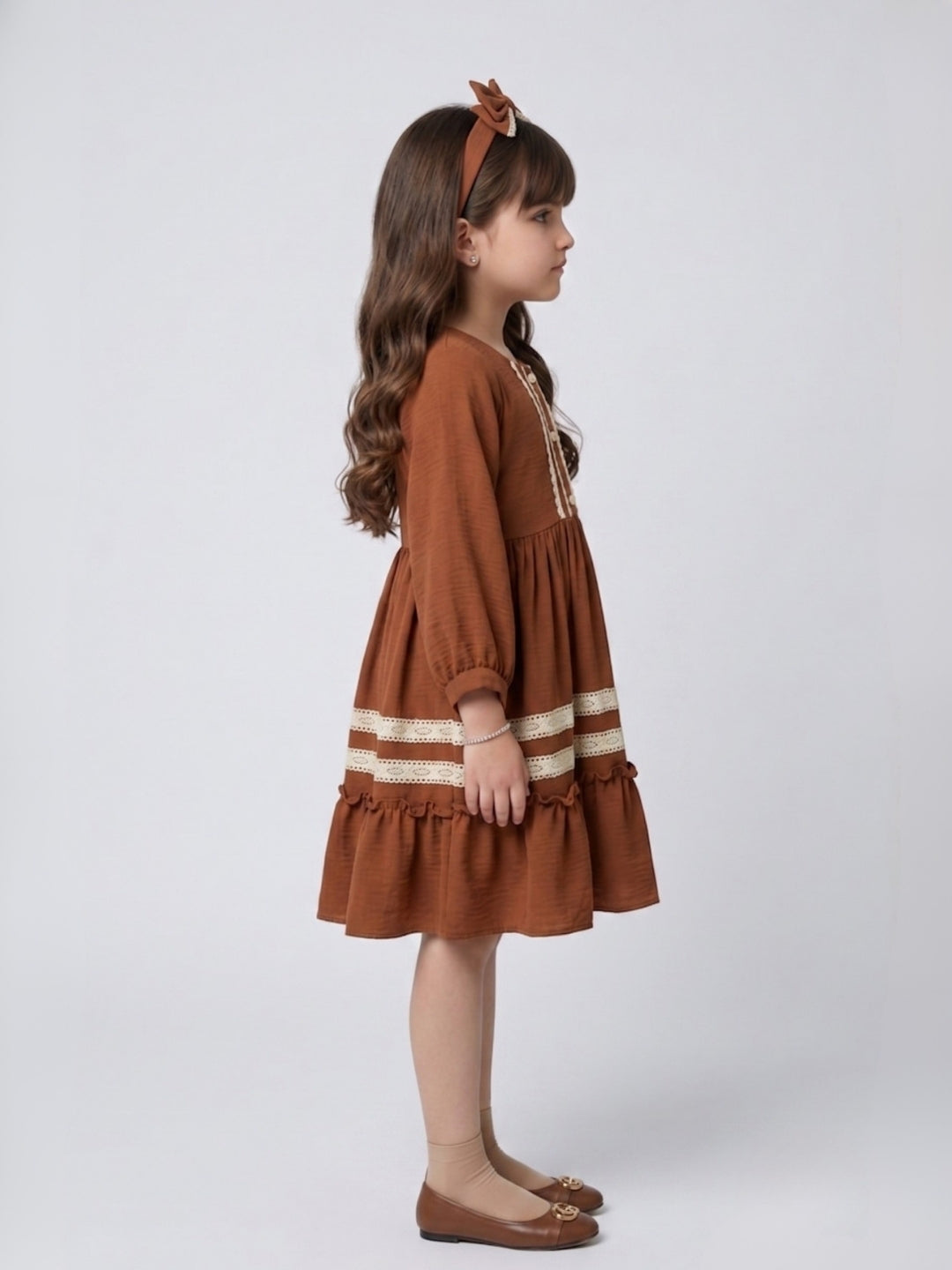 Dark Brown Lace-Trim Tiered Fit & Flare Dress M2684