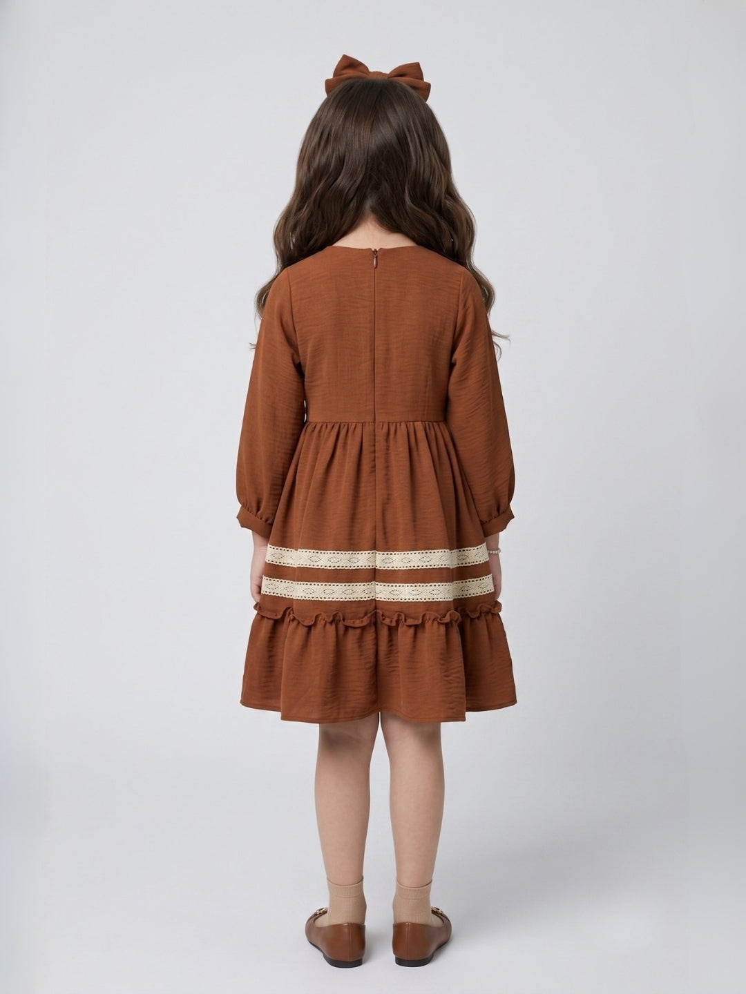 Dark Brown Lace-Trim Tiered Fit & Flare Dress M2684