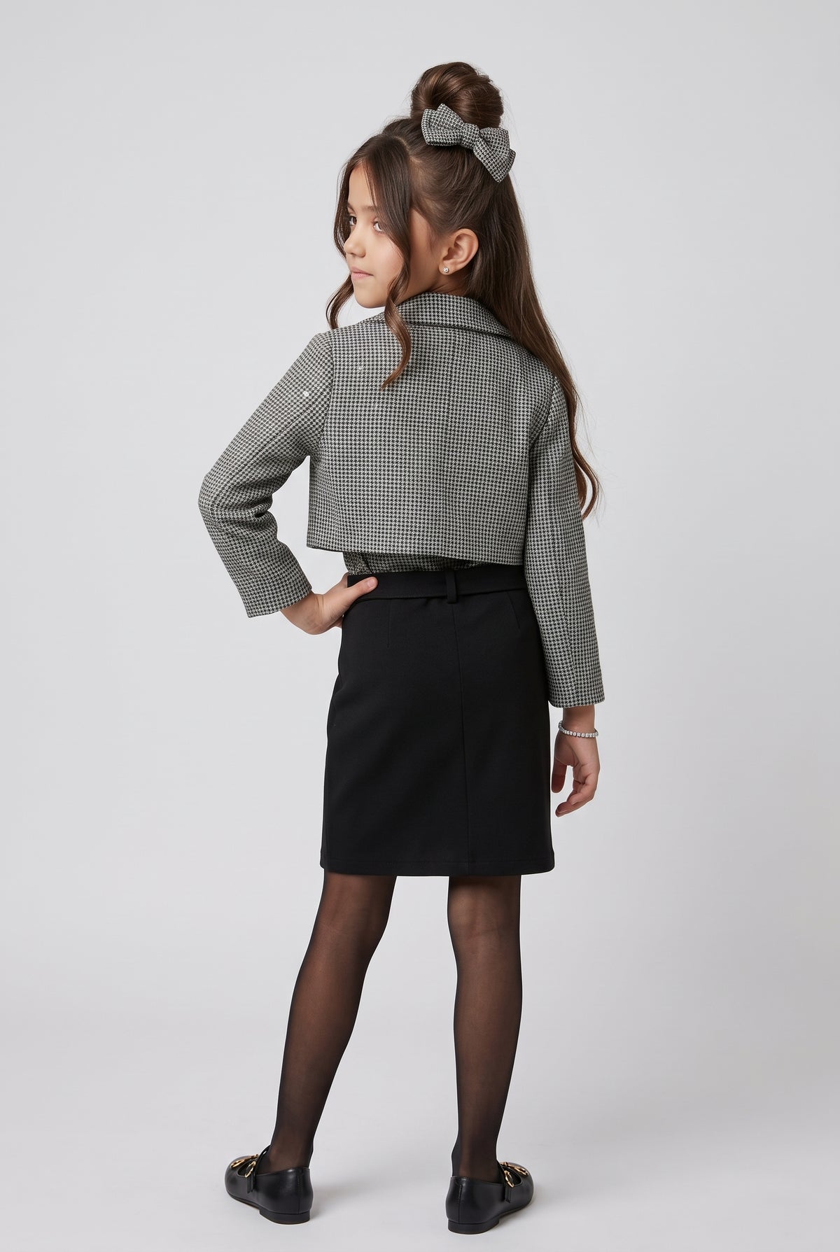 Black & White Checkered Cropped Blazer Layered Midi M2692