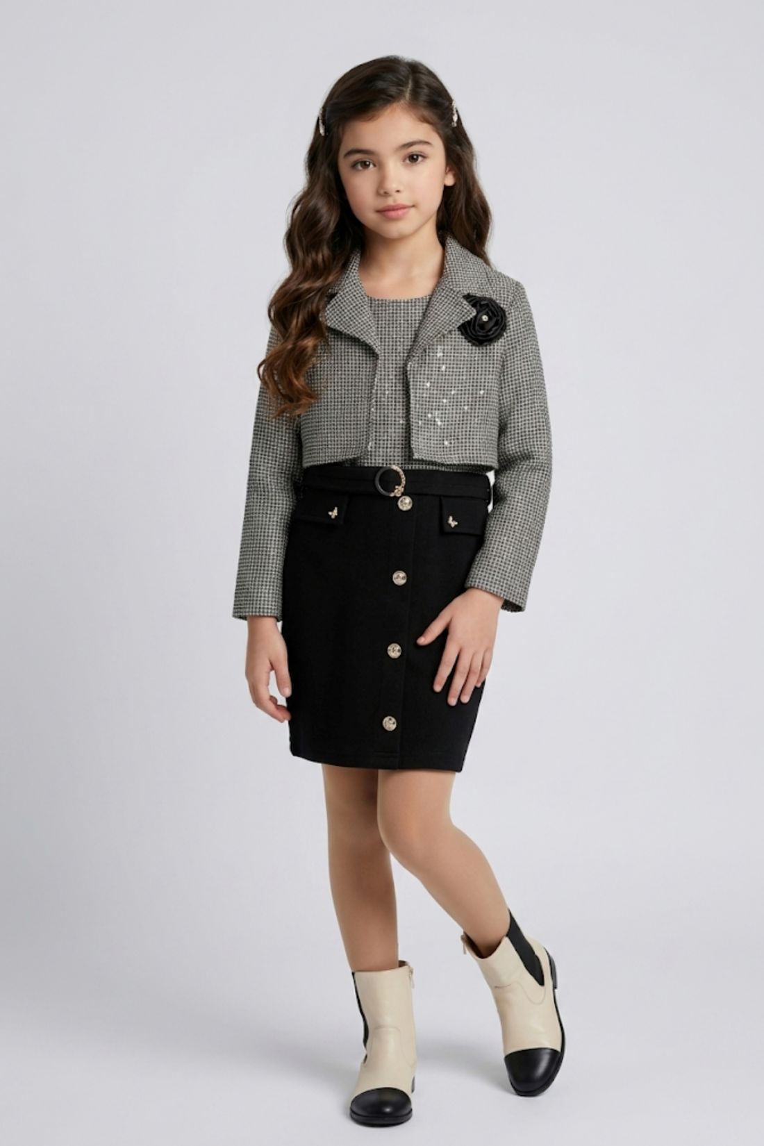 Black & White Checkered Cropped Blazer Layered Midi M2692