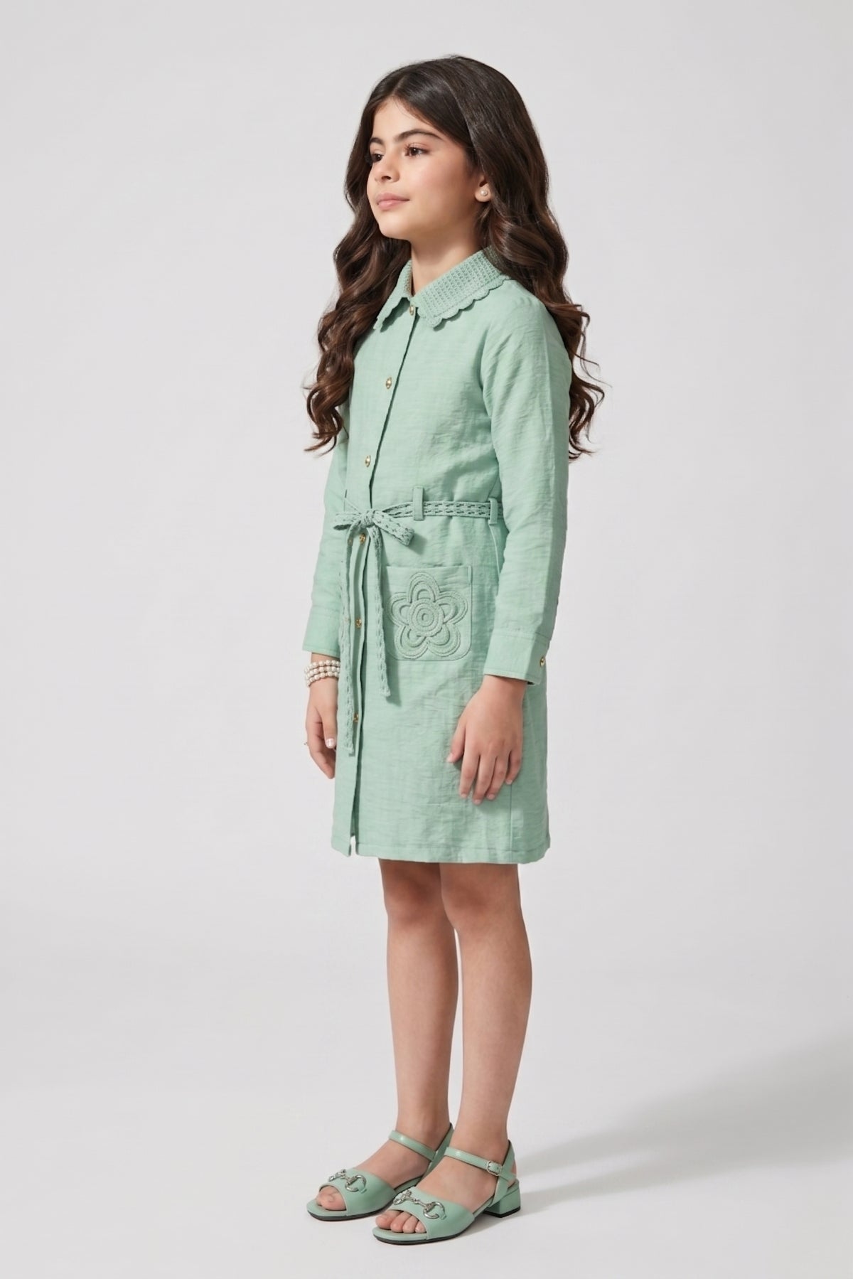 Sea Green Embroidered Belted Shirt Dress M2705