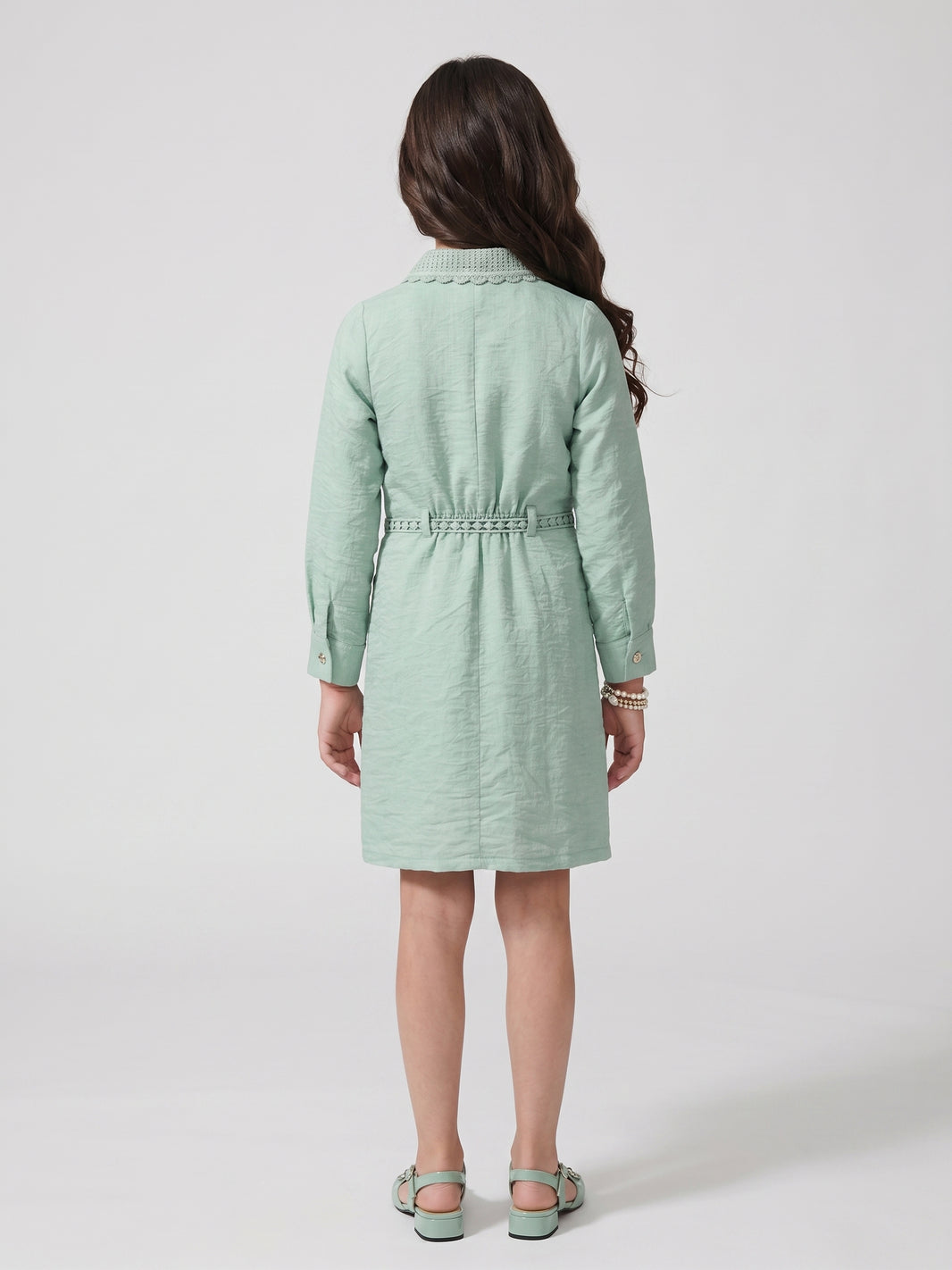 Sea Green Embroidered Belted Shirt Dress M2705