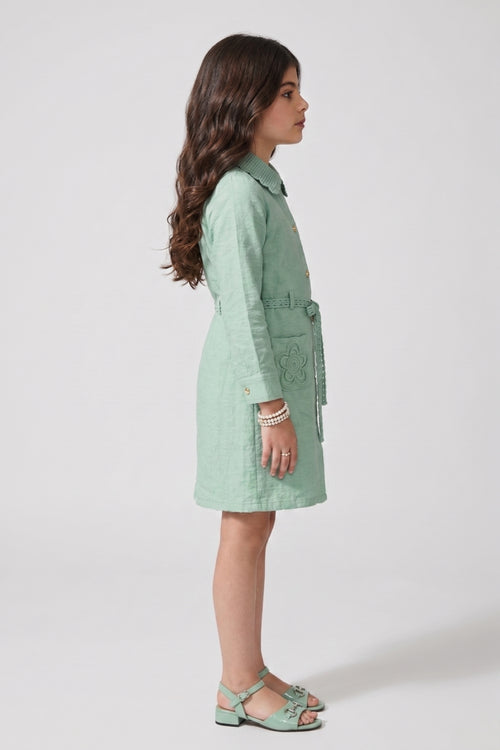 Sea Green Embroidered Belted Shirt Dress M2705