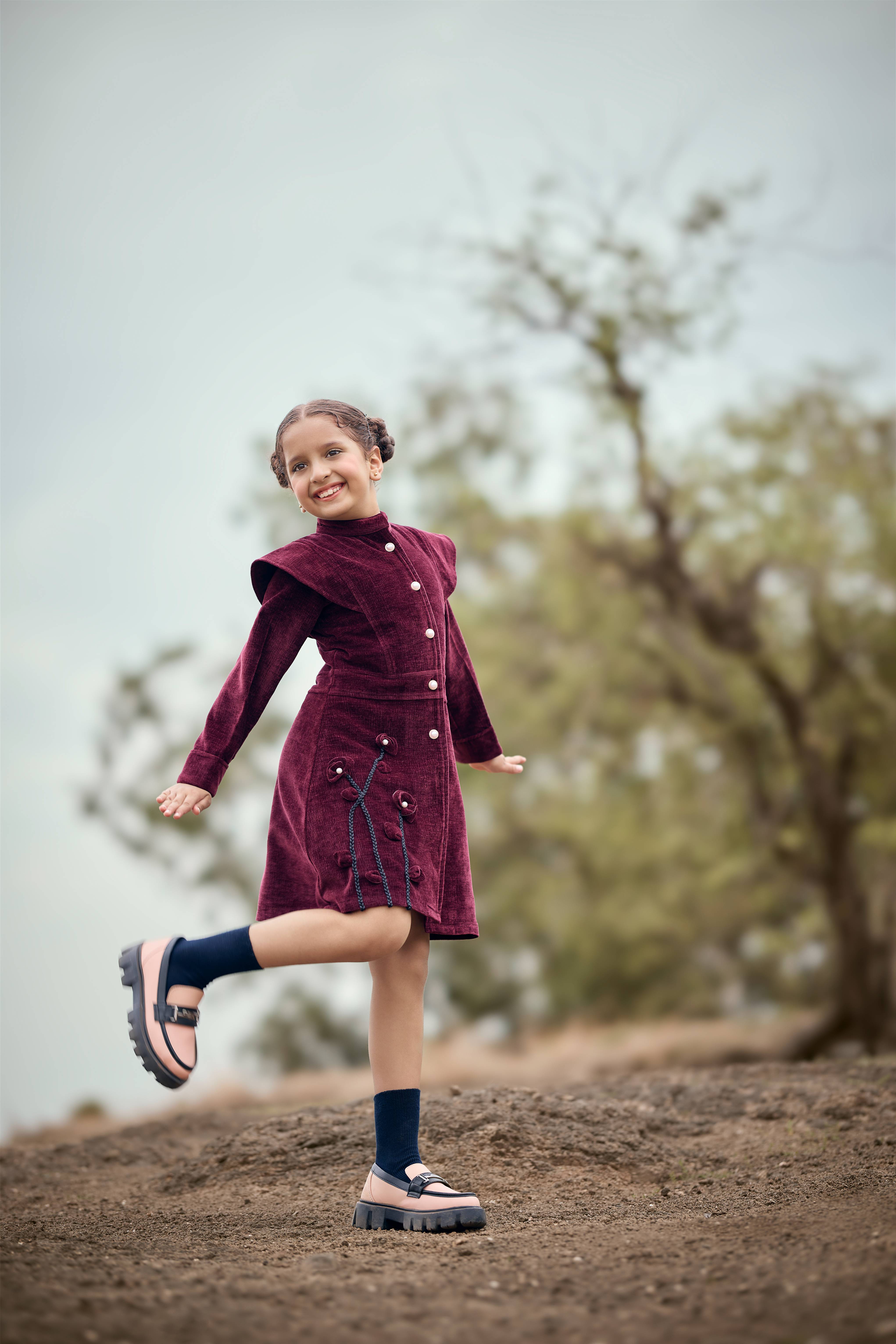 TinyGirls Wine Winter Dress – Stylish Velvet Coat-Style Outfit