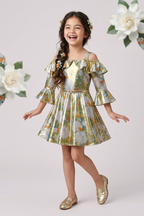 Green Butterfly Print Frock M2143