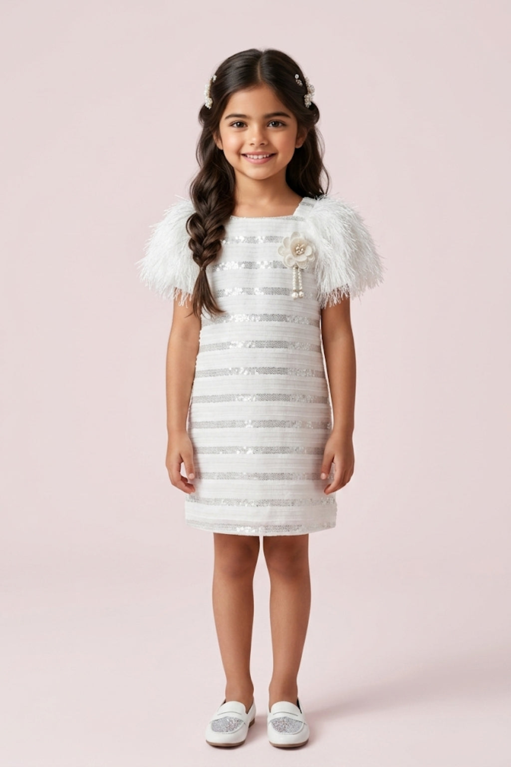 Ivory Sequin Textured Dress with Feather Sleeves M2242