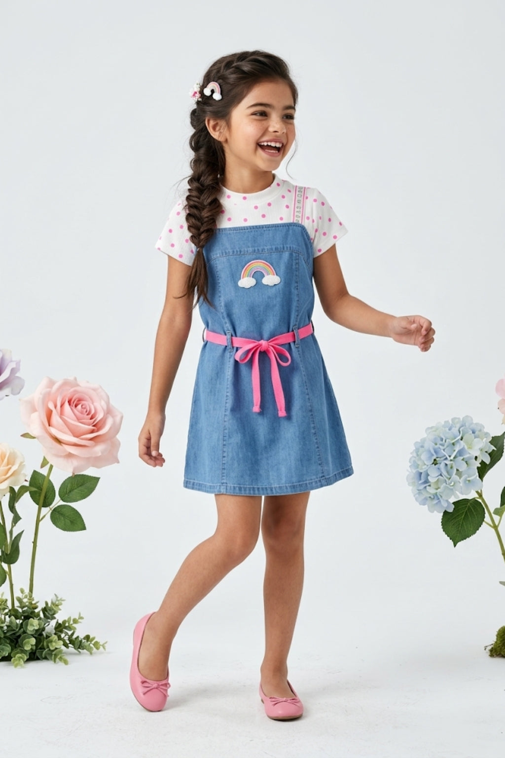 Blue Denim Pinafore Dress with Polka Dot Tee M2257