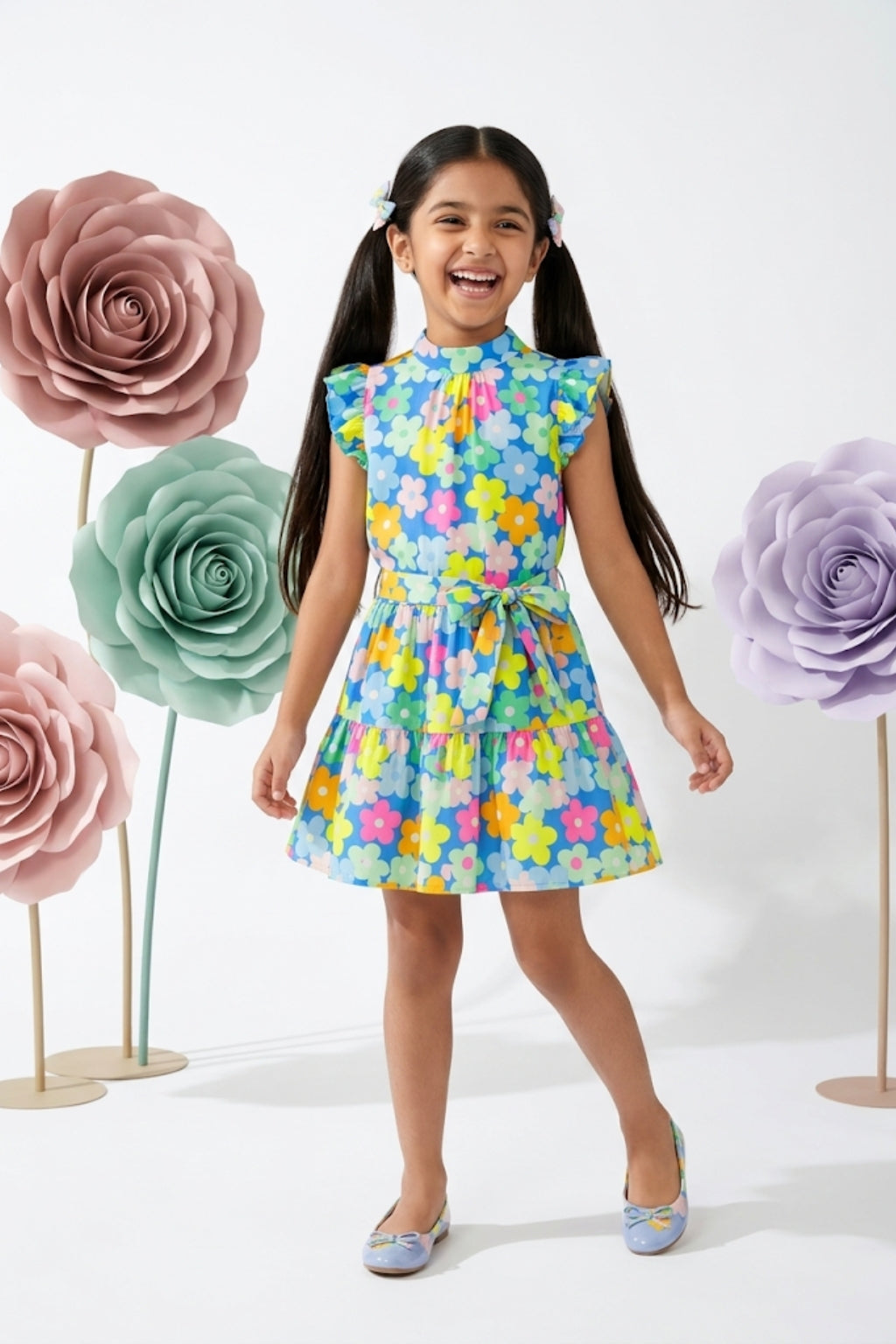Blue Multicolour Floral Tiered Dress M2262