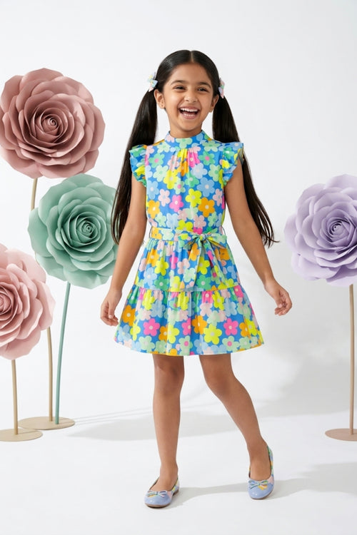 Blue Multicolour Floral Tiered Dress M2262