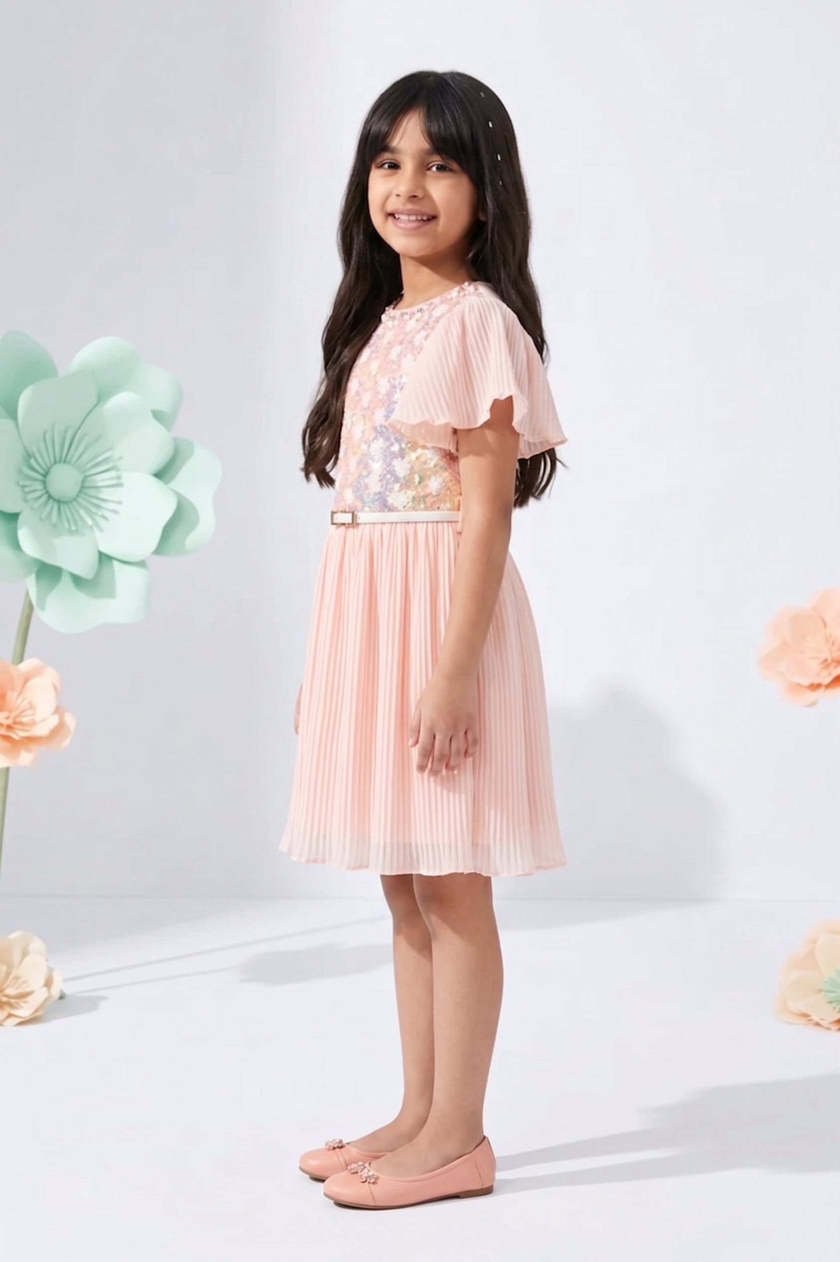 Peach Sequin Pleated Party Dress M2402