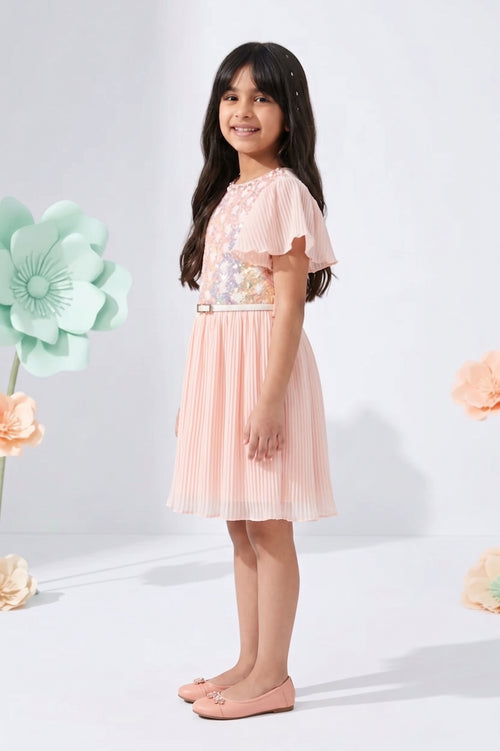 Peach Sequin Pleated Party Dress M2402