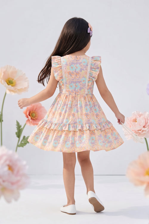 Peach Floral Ruffle Tiered Dress M2430