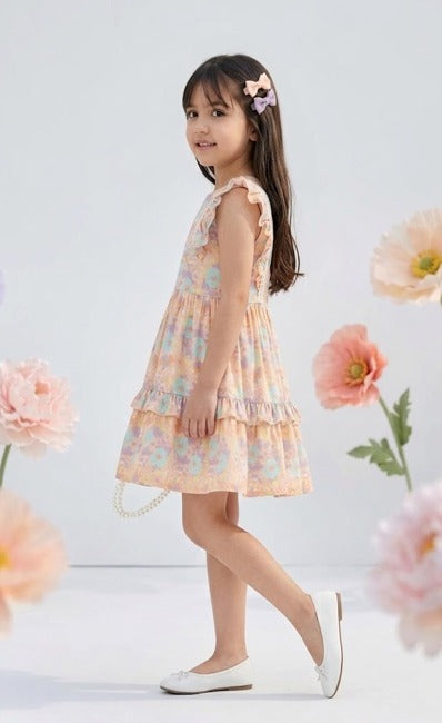 Peach Floral Ruffle Tiered Dress M2430