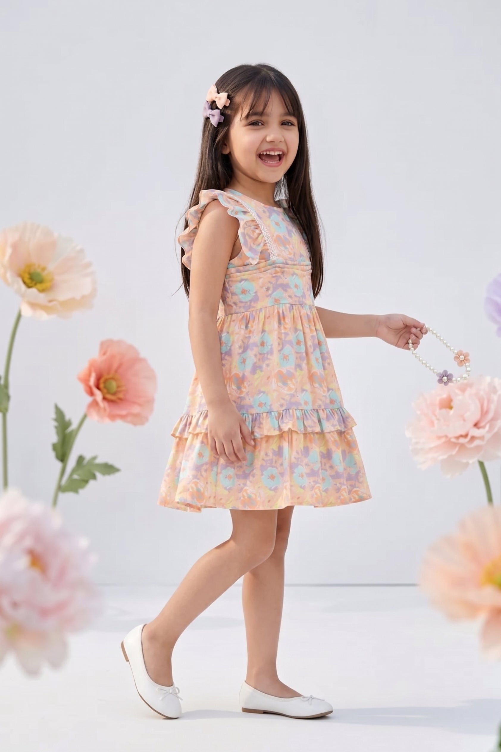 Peach Floral Ruffle Tiered Dress M2430