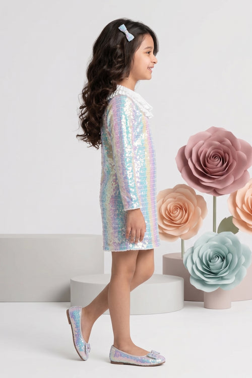 Off-White Shift Dress with Pleated Ruffle Collar M2479