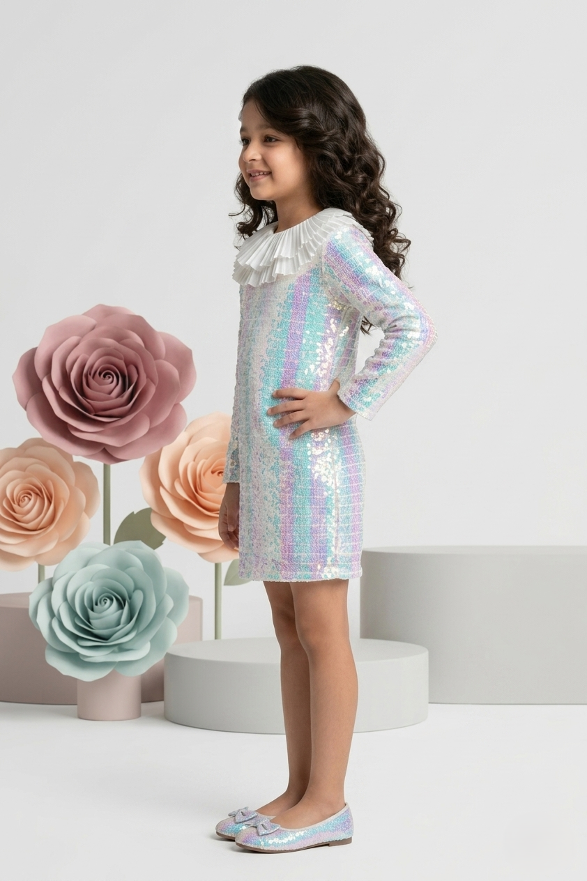 Off-White Shift Dress with Pleated Ruffle Collar M2479