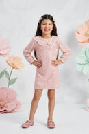 Textured Peach Dress with Embroidered Scallop Collar M2487