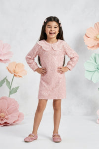 Textured Peach Dress with Embroidered Scallop Collar M2487