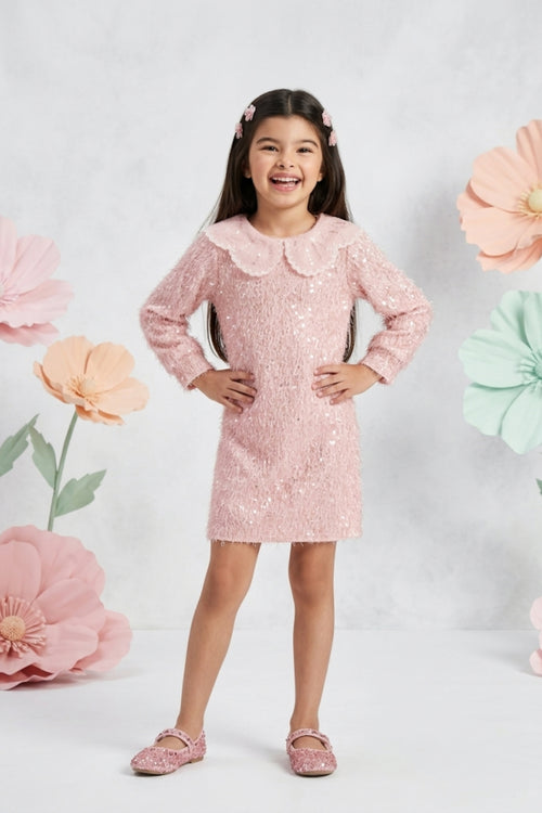 Textured Peach Dress with Embroidered Scallop Collar M2487