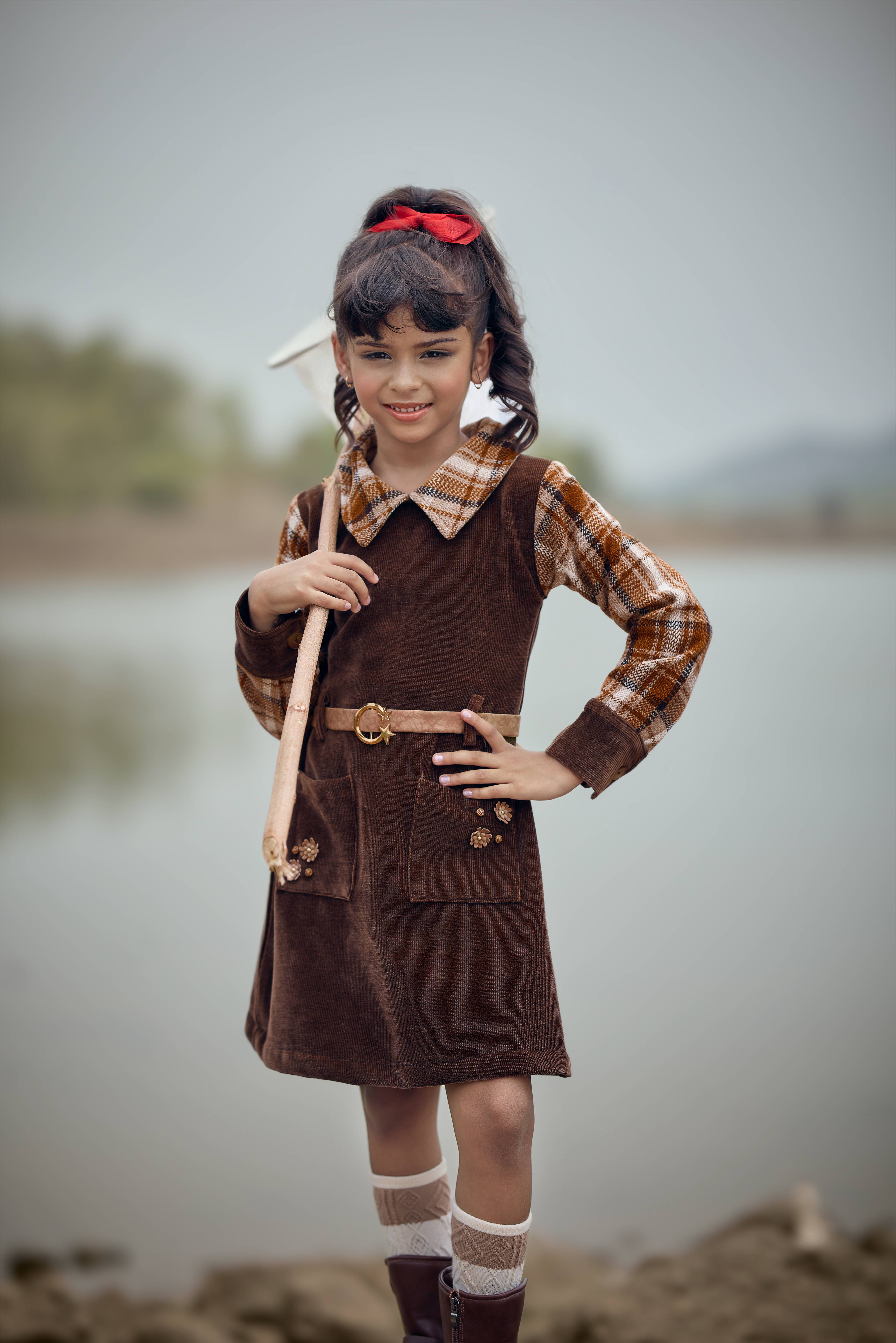 TinyGirls Brown Winter Dress – Cozy Checkered Sleeve Outfit