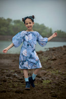 TinyGirl Powder Blue Floral Puff Sleeve Dress for Girls