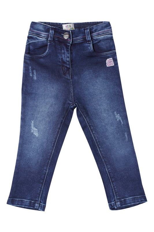 Ankle-Length Ripped Denim Pants With Contrast Stitching.