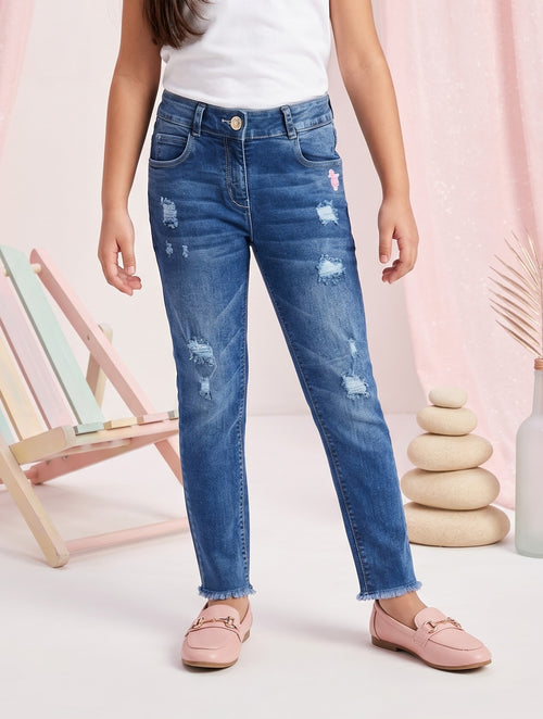 Blue Distressed Straight-Fit Denim Jeans P1438